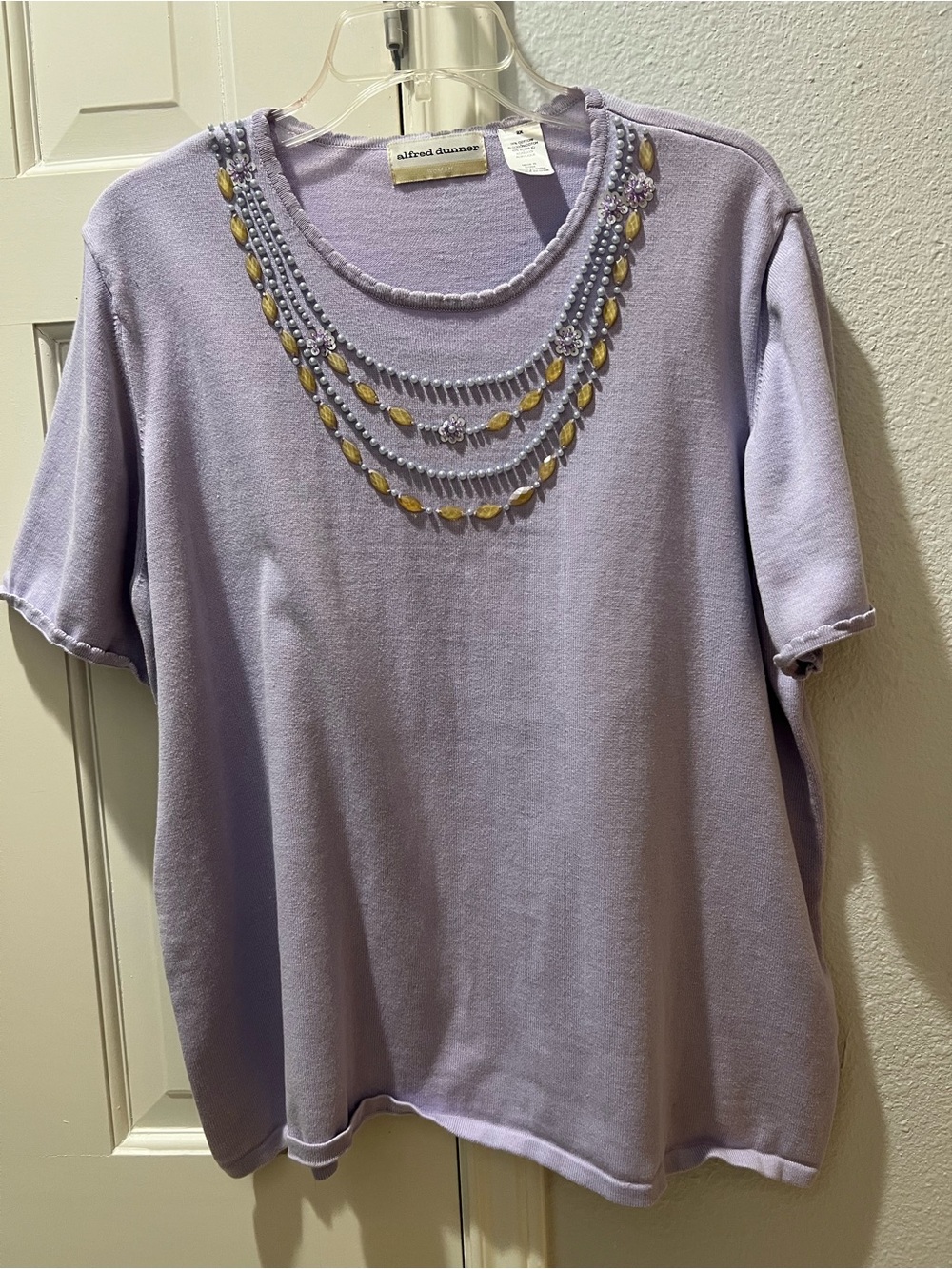 Alfred Dunner Lavender Short-Sleeve Knit Top with Gold-Tone Beaded Trim Size 2X